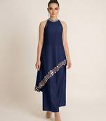 Navy blue embroidered raw silk co ord set