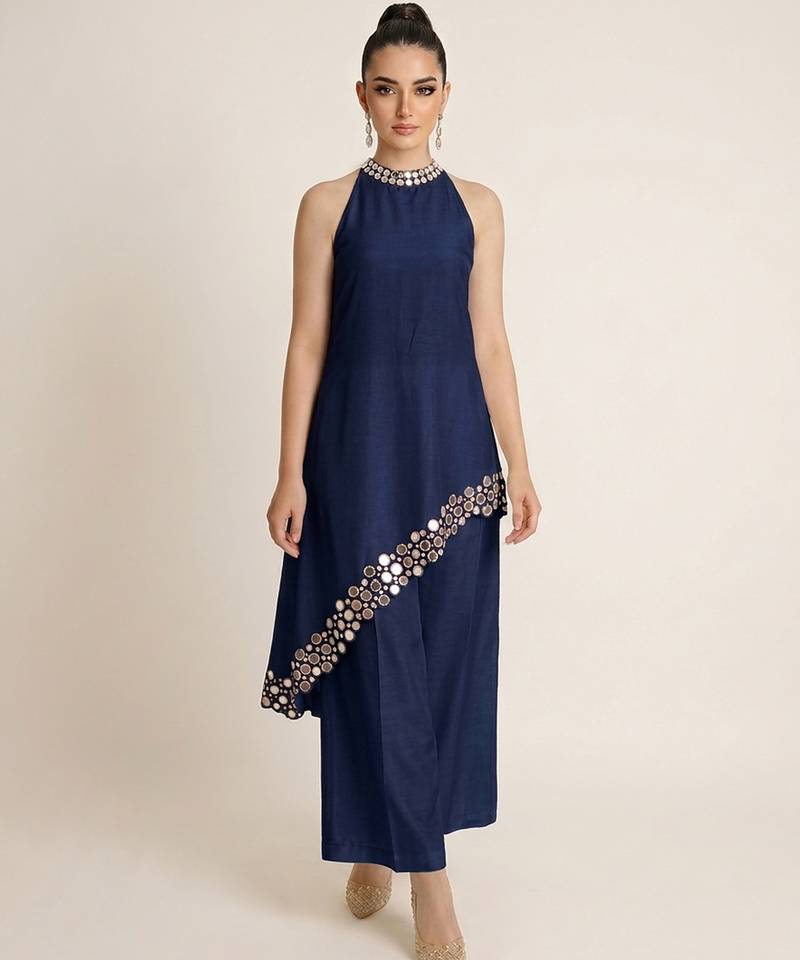 Navy blue embroidered raw silk co ord set
