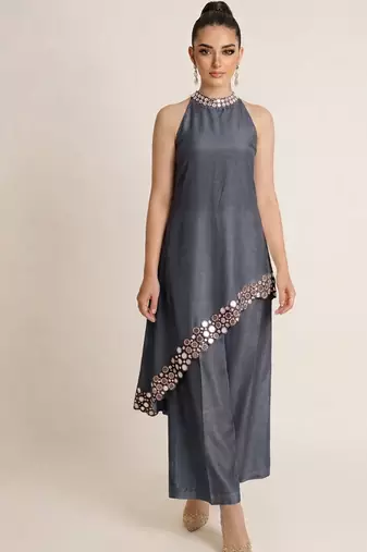 Grey embroidered raw silk co ord set