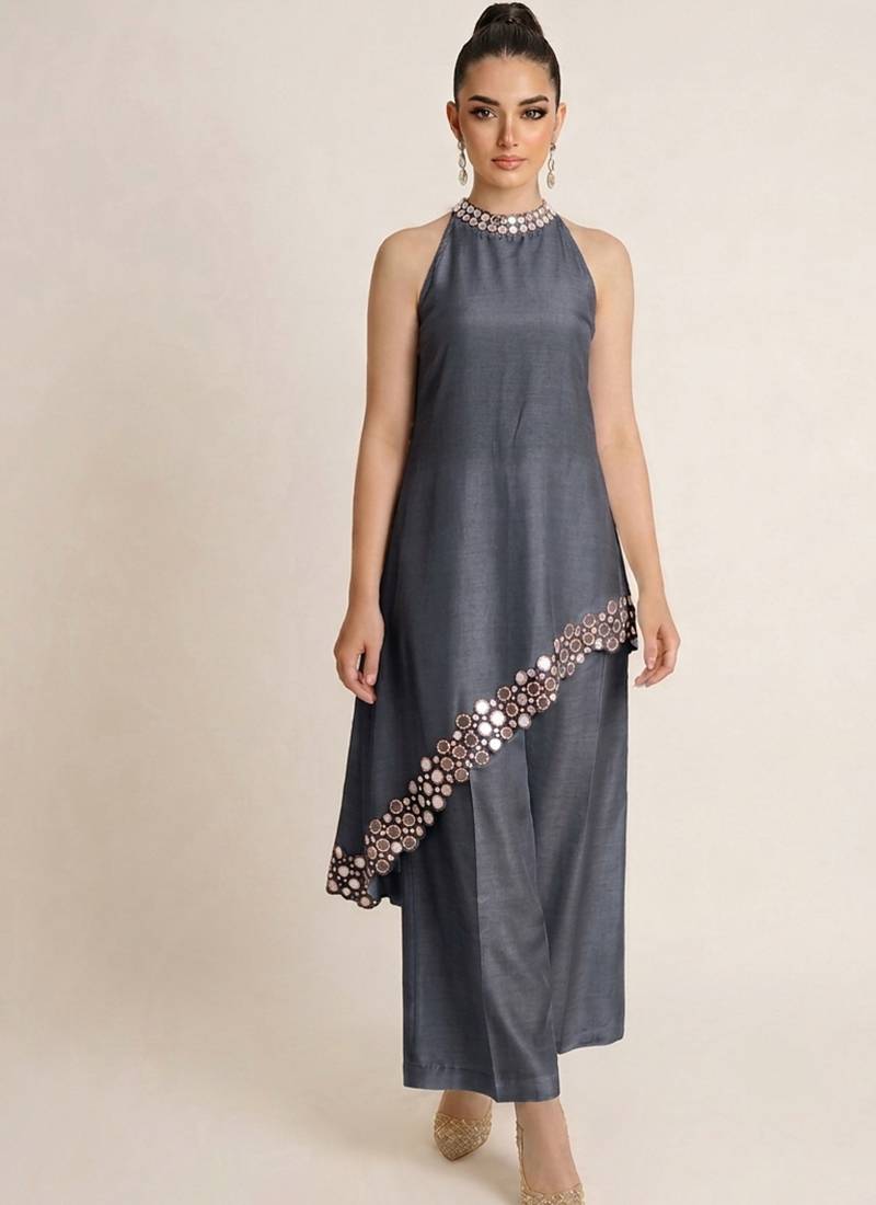 Grey embroidered raw silk co ord set