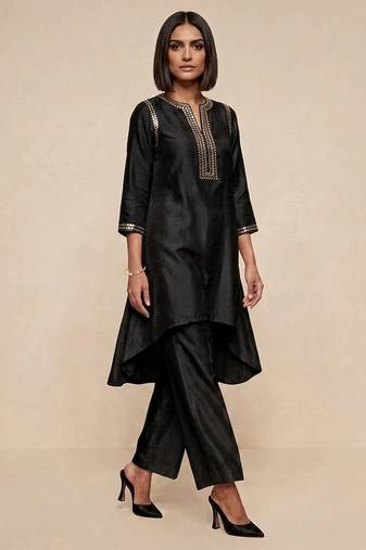 Black embroidered raw silk kurta set
