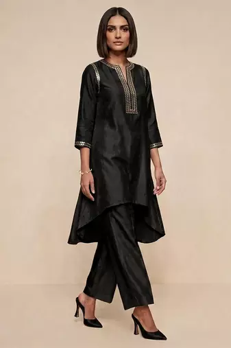 Black embroidered raw silk kurta set
