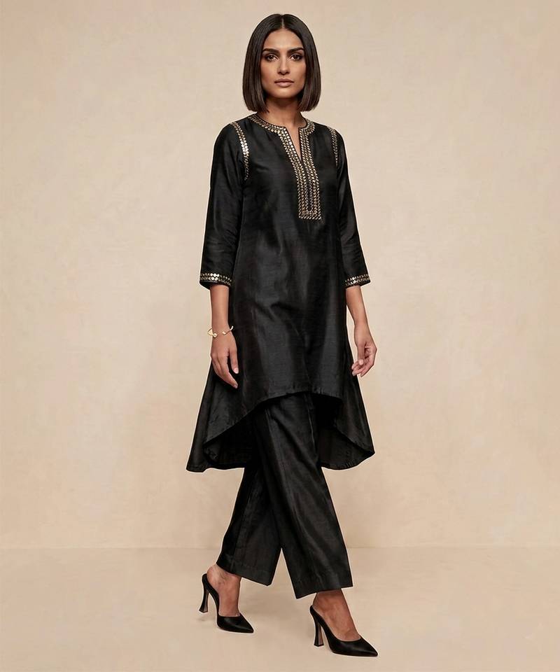 Black embroidered raw silk kurta set