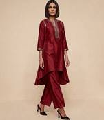 Burgundy embroidered raw silk kurta set