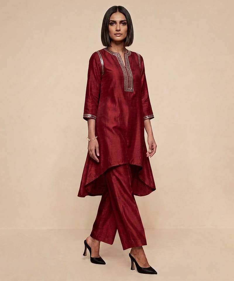 Burgundy embroidered raw silk kurta set