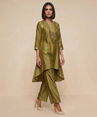 Olive green embroidered raw silk kurta set 1