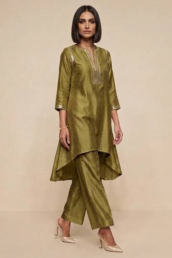 Olive green embroidered raw silk kurta set