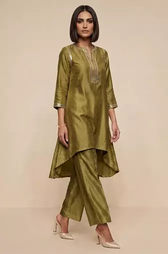 Olive green embroidered raw silk kurta set