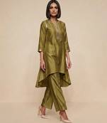 Olive green embroidered raw silk kurta set