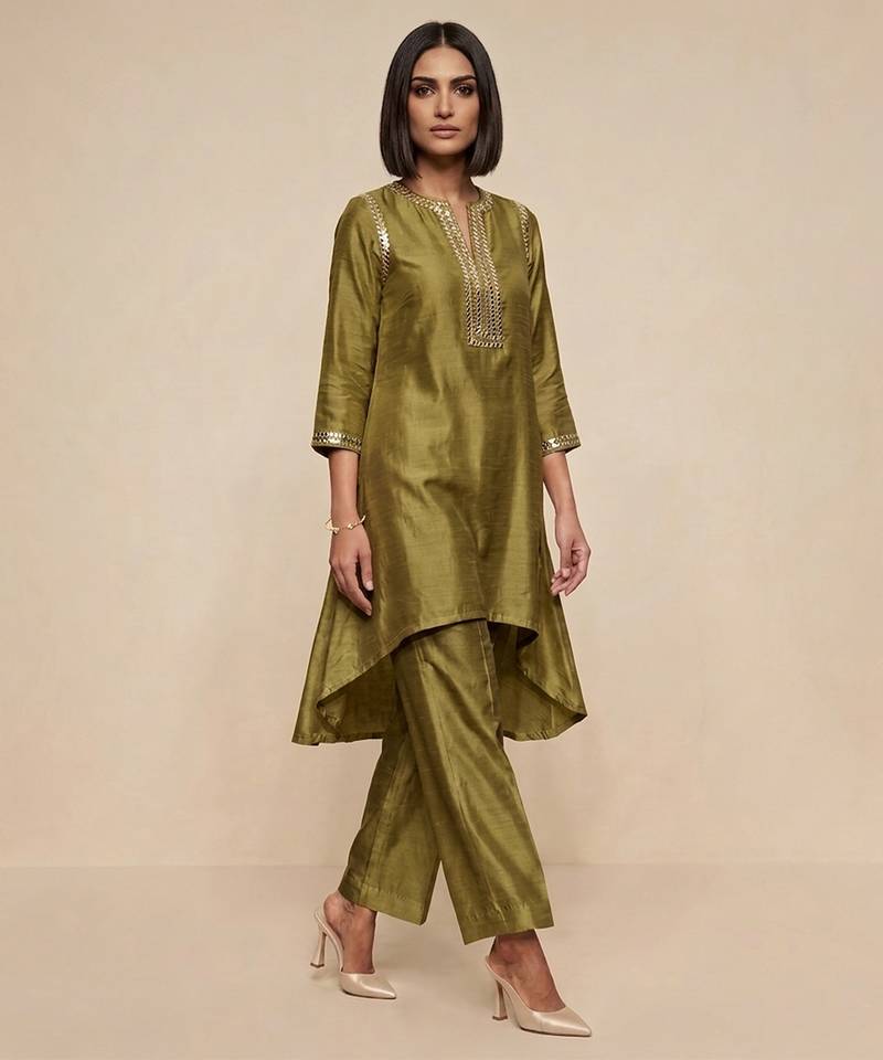 Olive green embroidered raw silk kurta set