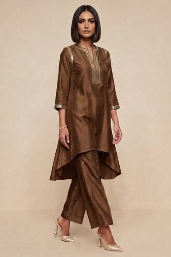 Brown embroidered raw silk kurta set