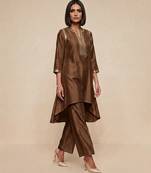 Brown embroidered raw silk kurta set