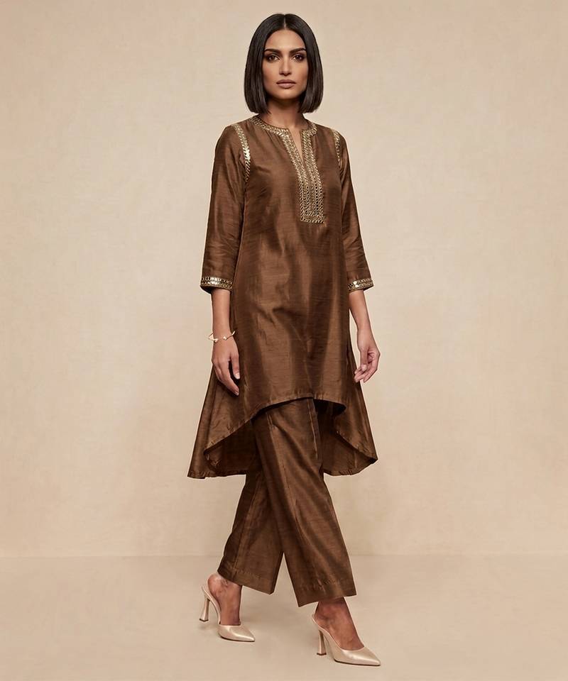 Brown embroidered raw silk kurta set