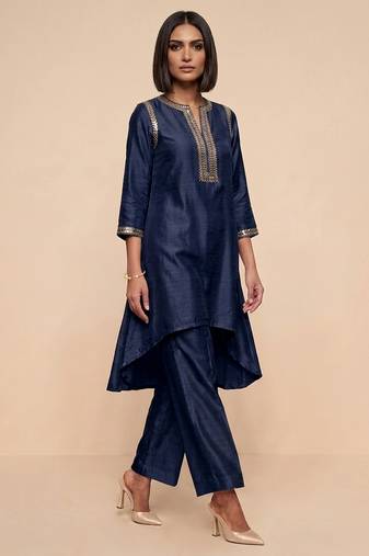 Navy blue embroidered raw silk kurta set