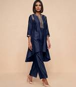 Navy blue embroidered raw silk kurta set