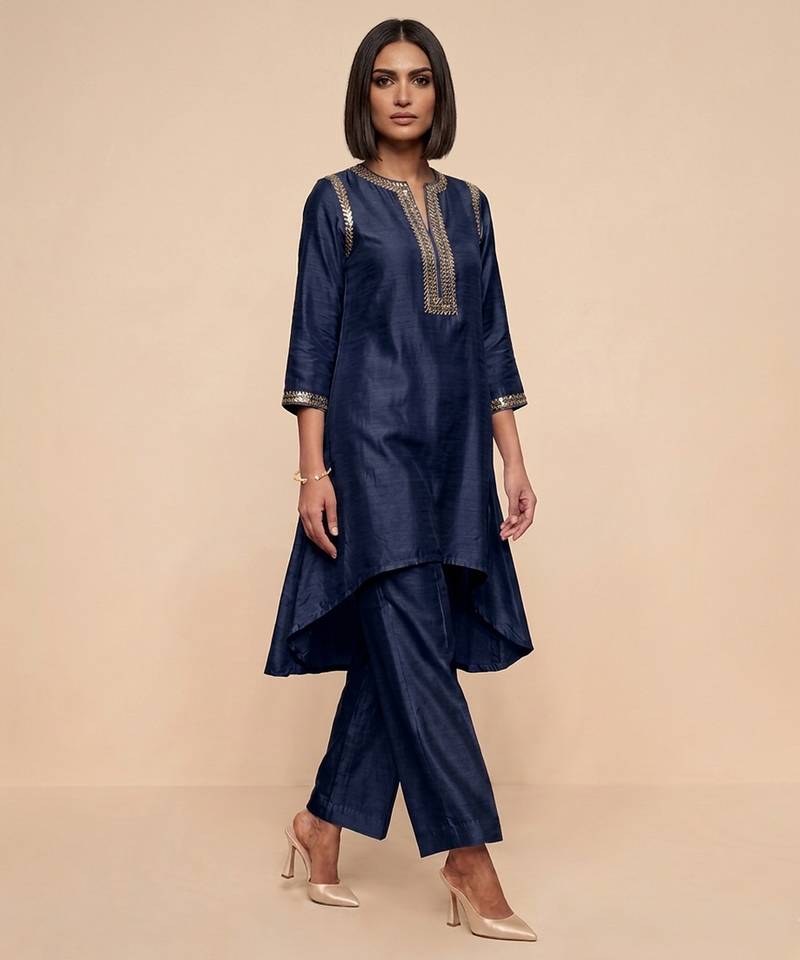 Navy blue embroidered raw silk kurta set