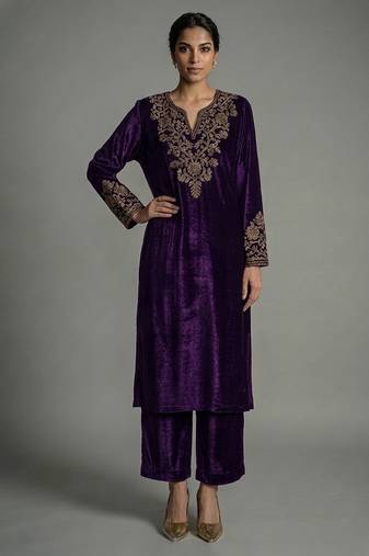 Purple embroidered velvet kurta set