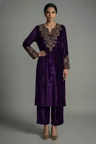 Purple embroidered velvet kurta set