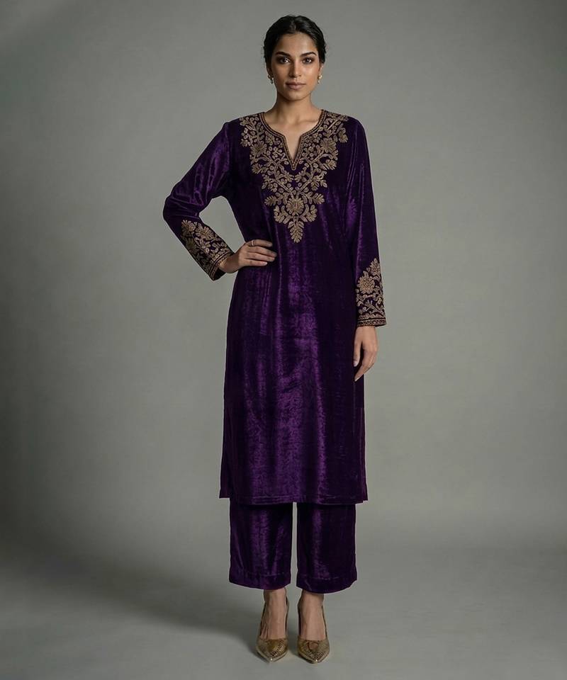 Purple embroidered velvet kurta set