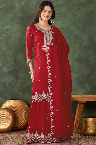 Women's Beautiful Embroidery Work Vichitra Silk Fabric Straight Kurta Sharara and Dupatta Set