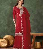 Women's Beautiful Embroidery Work Vichitra Silk Fabric Straight Kurta Sharara and Dupatta Set