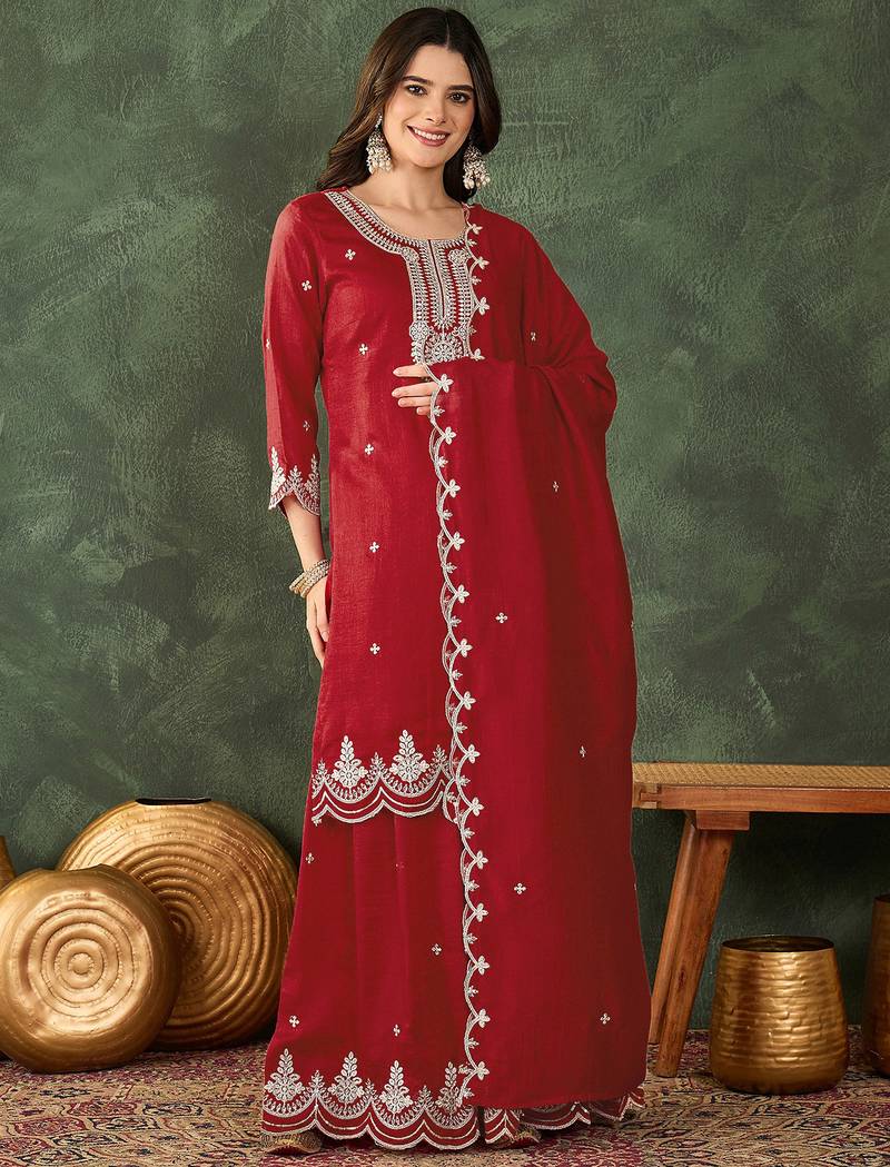 Women's Beautiful Embroidery Work Vichitra Silk Fabric Straight Kurta Sharara and Dupatta Set