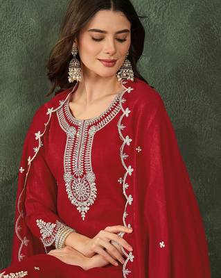 Women's Beautiful Embroidery Work Vichitra Silk Fabric Straight Kurta Sharara and Dupatta Set 2