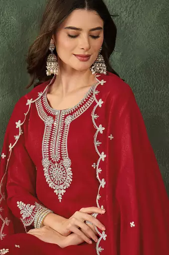 Women's Beautiful Embroidery Work Vichitra Silk Fabric Straight Kurta Sharara and Dupatta Set