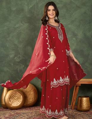 Women's Beautiful Embroidery Work Vichitra Silk Fabric Straight Kurta Sharara and Dupatta Set 3