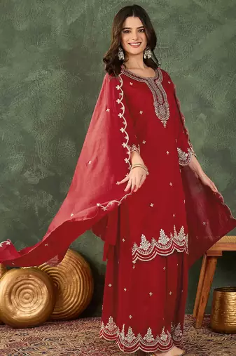 Women's Beautiful Embroidery Work Vichitra Silk Fabric Straight Kurta Sharara and Dupatta Set
