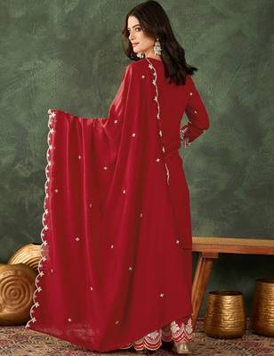 Women's Beautiful Embroidery Work Vichitra Silk Fabric Straight Kurta Sharara and Dupatta Set 4