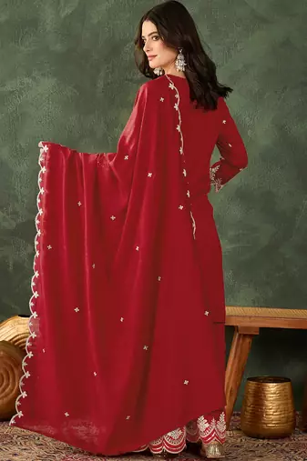 Women's Beautiful Embroidery Work Vichitra Silk Fabric Straight Kurta Sharara and Dupatta Set