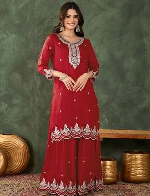 Women's Beautiful Embroidery Work Vichitra Silk Fabric Straight Kurta Sharara and Dupatta Set 5
