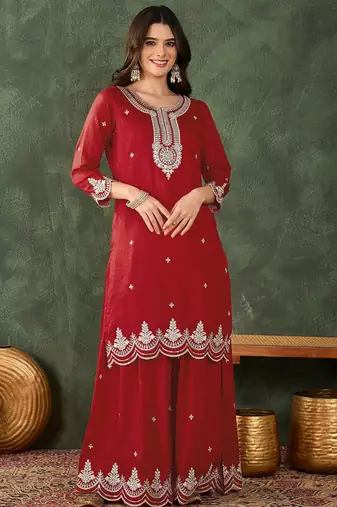 Women's Beautiful Embroidery Work Vichitra Silk Fabric Straight Kurta Sharara and Dupatta Set