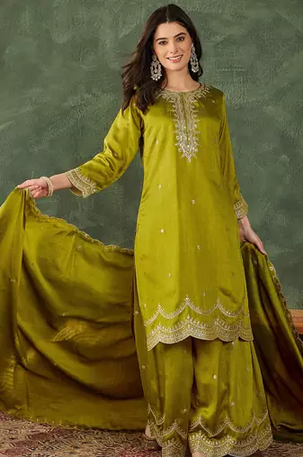 Women's Beautiful Embroidery Work Vichitra Silk Fabric Straight Kurta Sharara and Dupatta Set