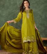 Women's Beautiful Embroidery Work Vichitra Silk Fabric Straight Kurta Sharara and Dupatta Set