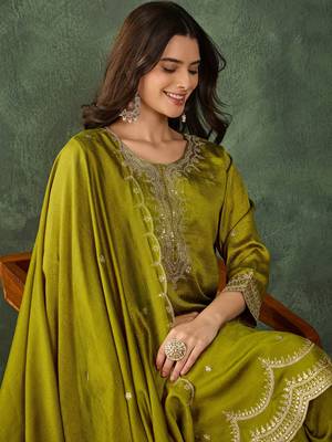 Women's Beautiful Embroidery Work Vichitra Silk Fabric Straight Kurta Sharara and Dupatta Set 2