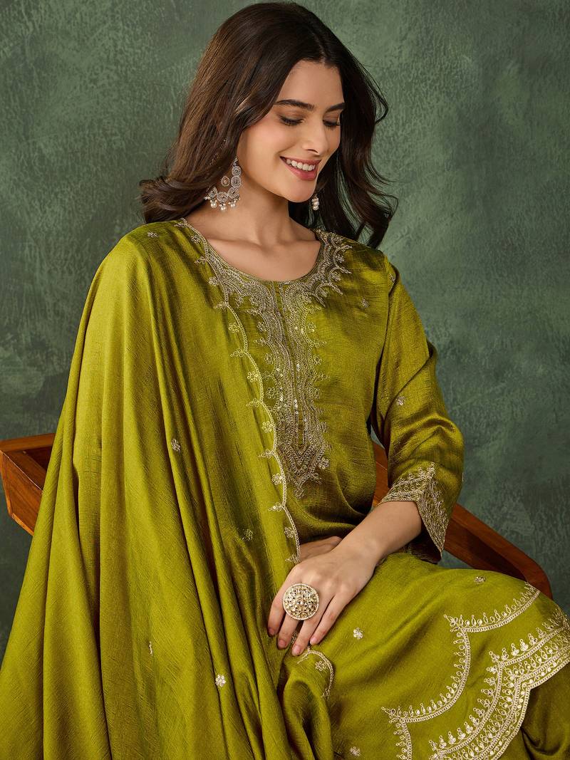 Women's Beautiful Embroidery Work Vichitra Silk Fabric Straight Kurta Sharara and Dupatta Set