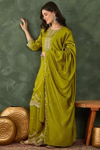 Women's Beautiful Embroidery Work Vichitra Silk Fabric Straight Kurta Sharara and Dupatta Set