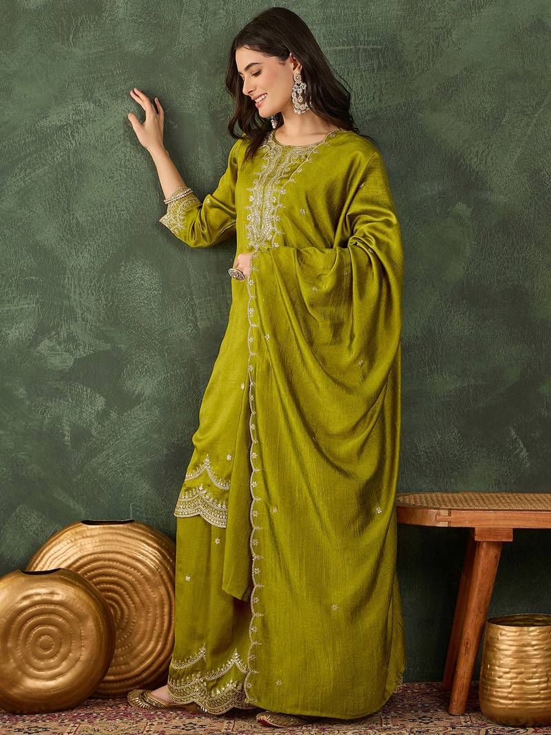 Women's Beautiful Embroidery Work Vichitra Silk Fabric Straight Kurta Sharara and Dupatta Set