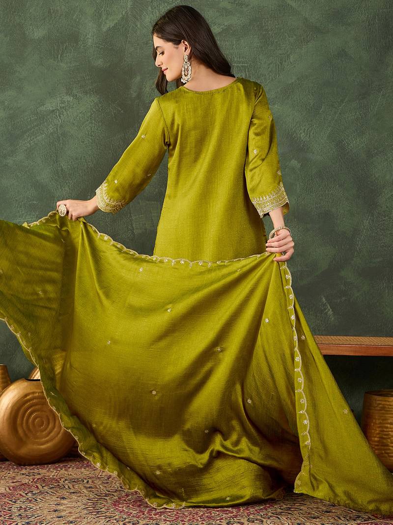 Women's Beautiful Embroidery Work Vichitra Silk Fabric Straight Kurta Sharara and Dupatta Set
