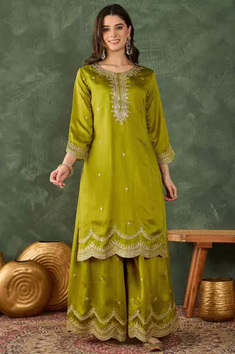 Women's Beautiful Embroidery Work Vichitra Silk Fabric Straight Kurta Sharara and Dupatta Set