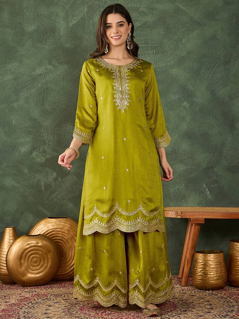 Women's Beautiful Embroidery Work Vichitra Silk Fabric Straight Kurta Sharara and Dupatta Set