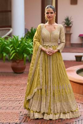 Lemon chinon silk semi stitched long kurti with lehega set 1
