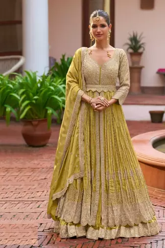 Lemon chinon silk semi stitched long kurti with lehega set