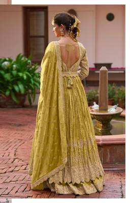 Lemon chinon silk semi stitched long kurti with lehega set 2