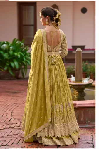 Lemon chinon silk semi stitched long kurti with lehega set