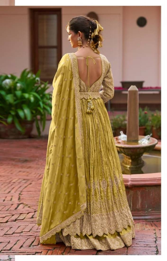 Lemon chinon silk semi stitched long kurti with lehega set