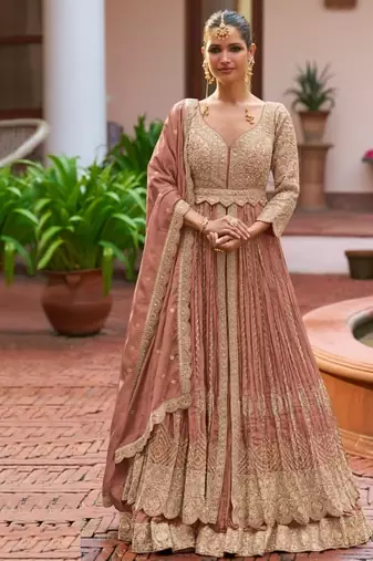Peach chinon silk semi stitched long kurti with lehega set