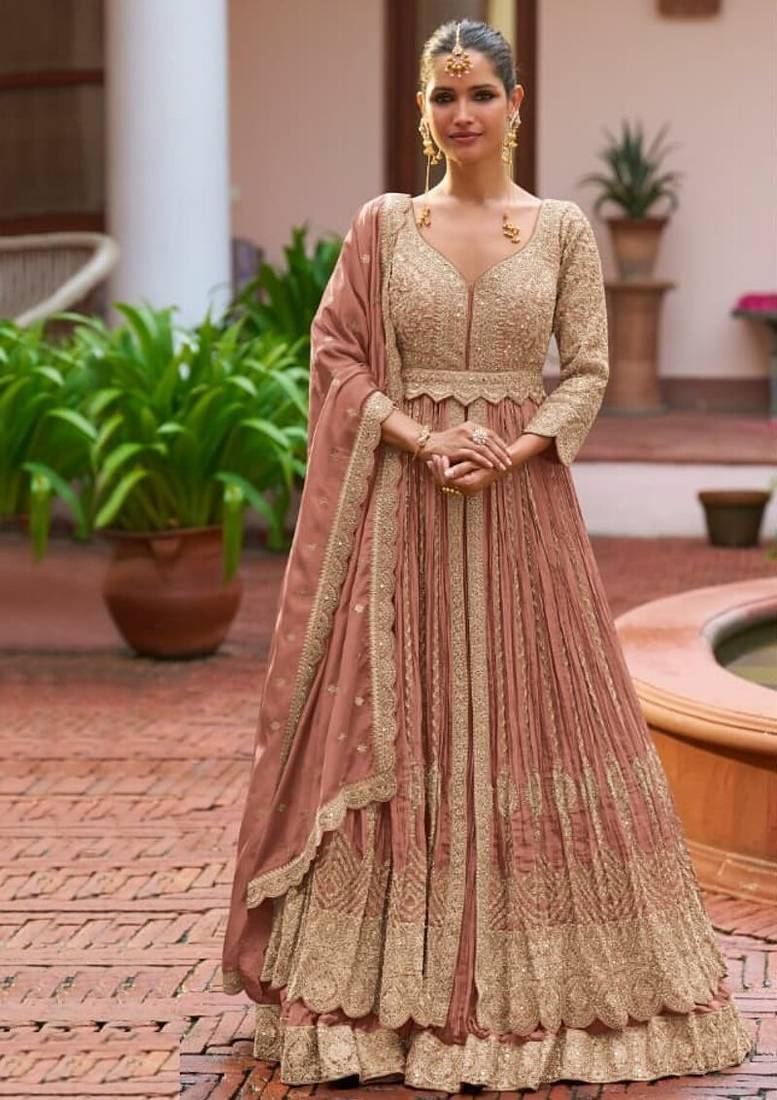 Peach chinon silk semi stitched long kurti with lehega set